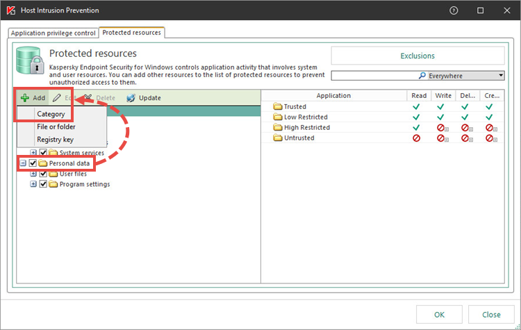 Adding a new category in Kaspersky Endpoint Security for Windows.