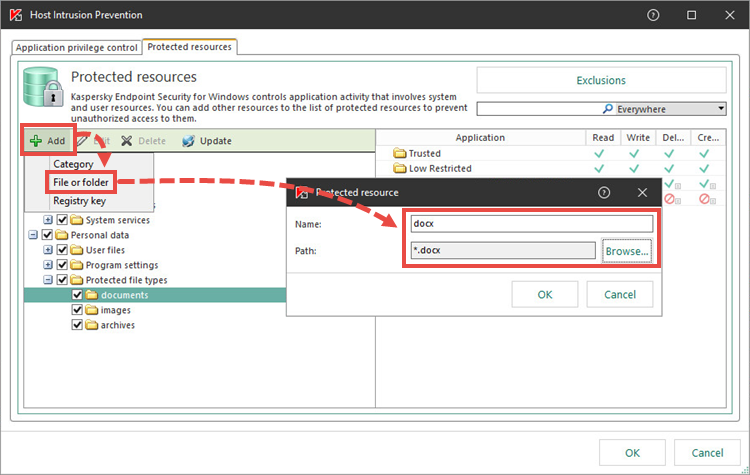 Adding a file type in Kaspersky Endpoint Security for Windows.