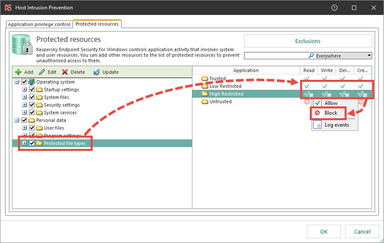 Adding weak and strong restrictions in Kaspersky Endpoint Security for Windows.