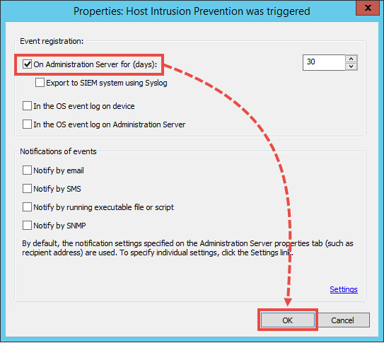 Configuring notification settings in Kaspersky Security Center.