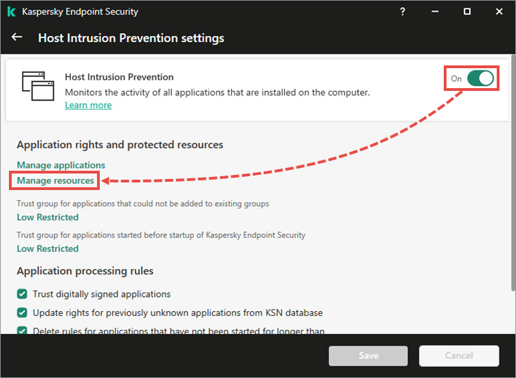 Configuring protected resources in Kaspersky Endpoint Security 11 for Windows.