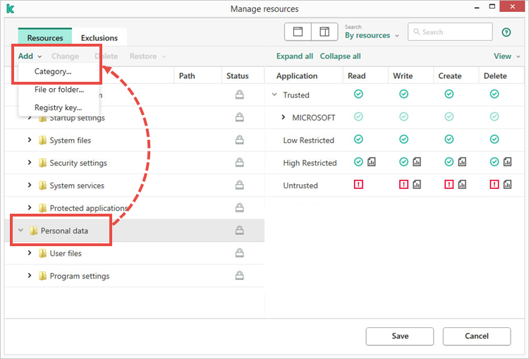 Adding a category in Kaspersky Endpoint Security 11 for Windows.