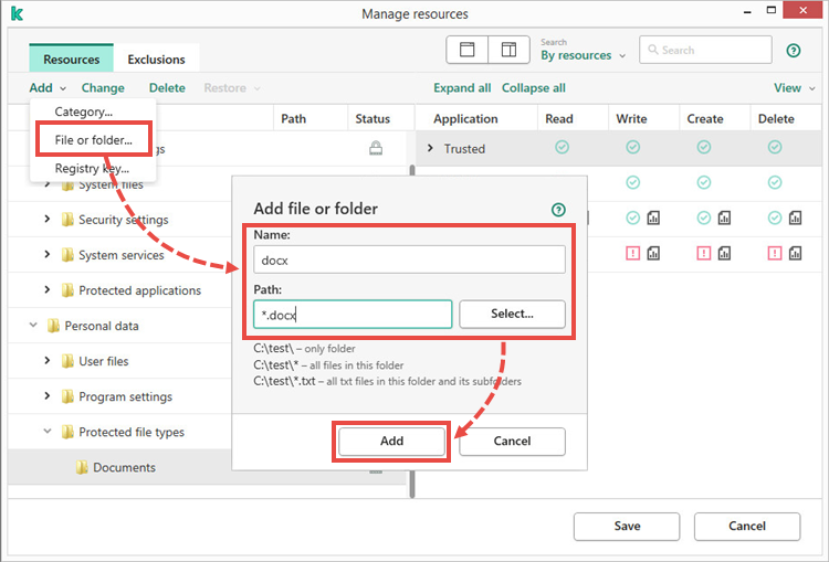 Adding a file type in Kaspersky Endpoint Security 11 for Windows.