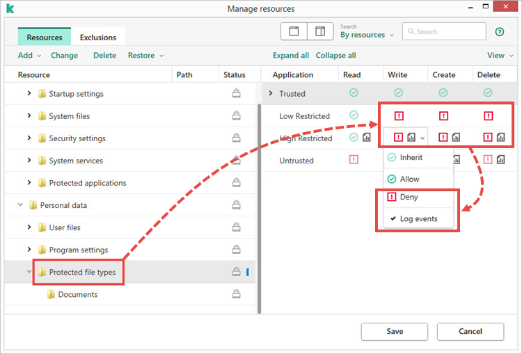 Adding weak and strong restrictions in Kaspersky Endpoint Security 11 for Windows.