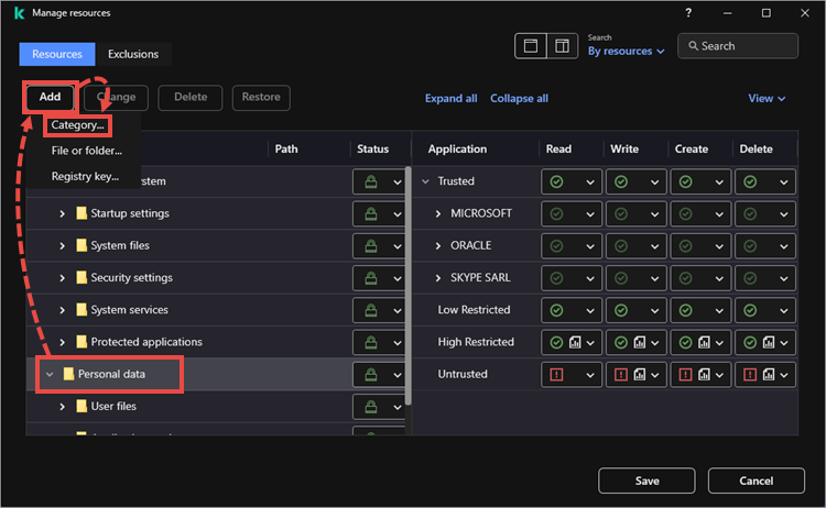 Adding a new category in Kaspersky Endpoint Security for Windows.