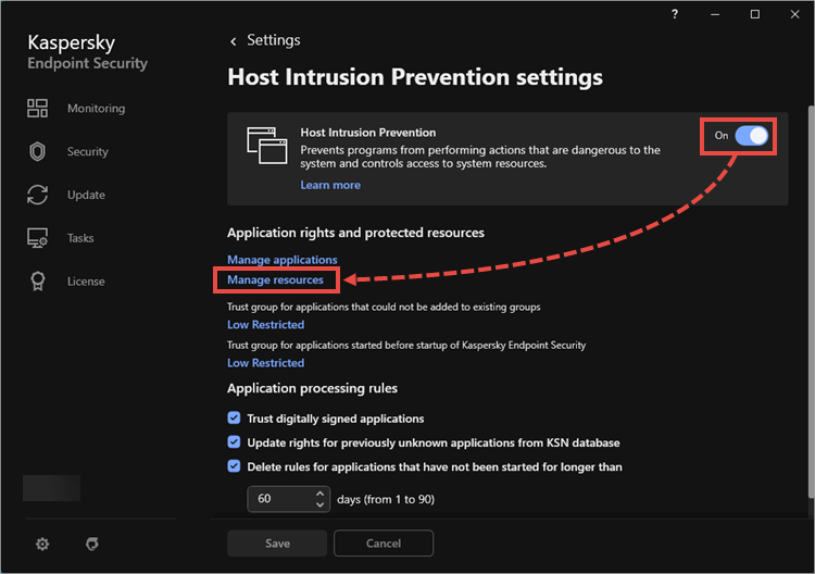 The Host Intrusion Prevention settings in Kaspersky Endpoint Security for Windows.