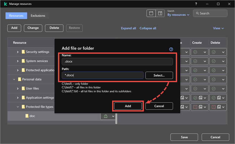 Adding a file type in Kaspersky Endpoint Security for Windows.