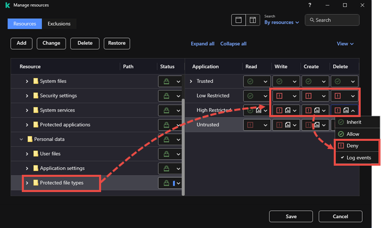 Adding weak and strong restrictions in Kaspersky Endpoint Security for Windows.