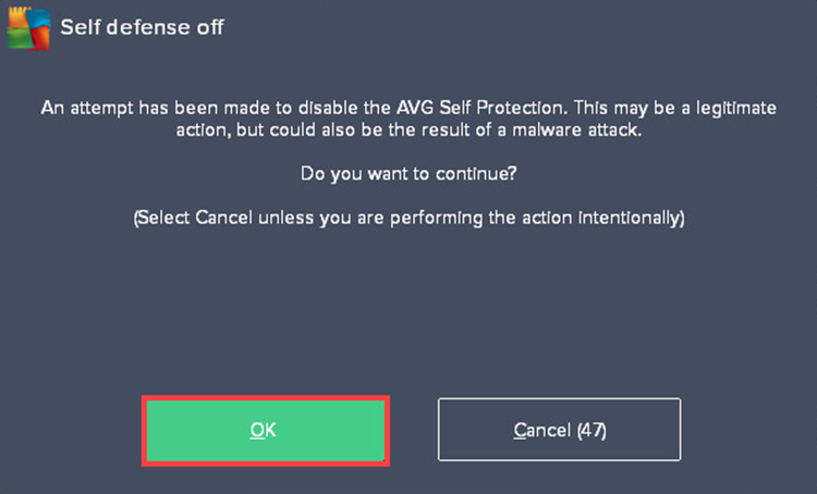 Confirming the shutdown of self-defense in AVG Internet Security