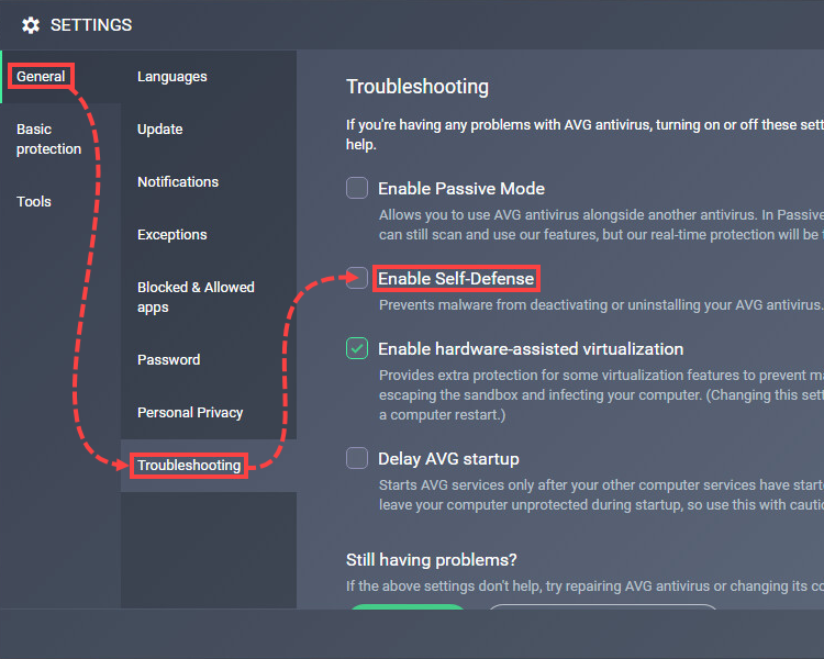 Disabling self-defense in AVG Internet Security