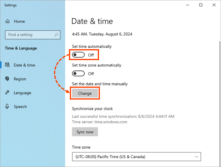How to fix a system time, date, and time zone in Windows