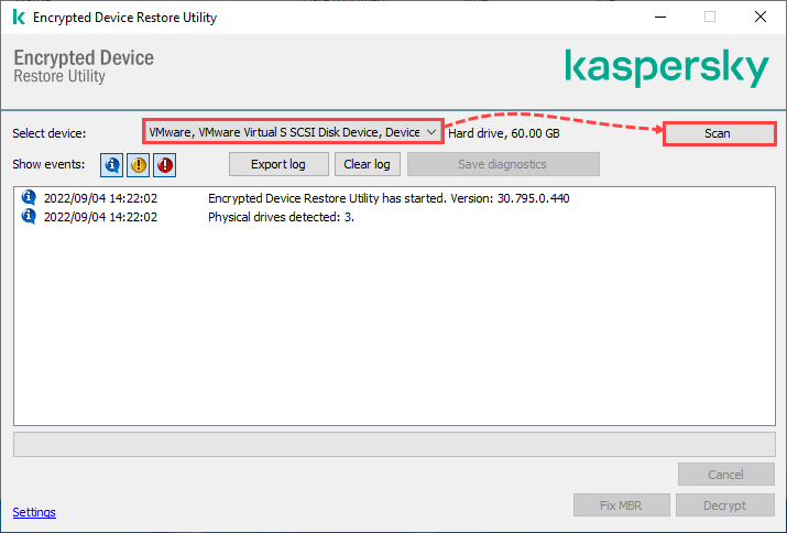 Selecting and scanning the drive in the FDERT utility