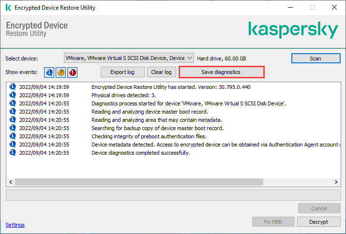 Saving the diagnostics results in the FDERT utility