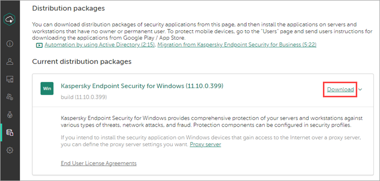 Downloading the application in Kaspersky Endpoint Security Cloud