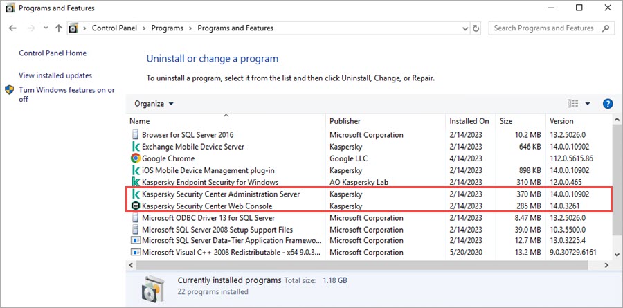 Checking the versions of KSC Web Console and the Administration Server in the Programs and Features window.