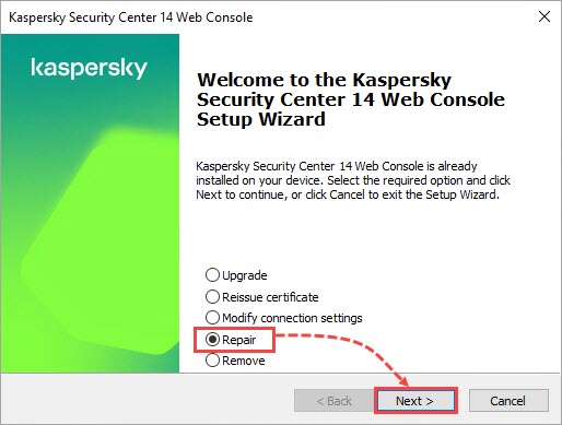 Repairing KSC Web Console in the Setup Wizard.