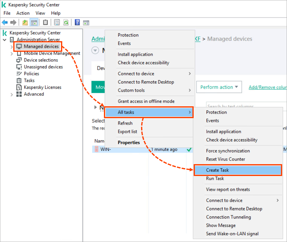 Creating a task for a device in Kaspersky Security Center.