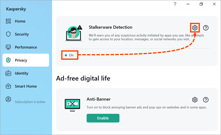 Accessing the “Stalkerware Detection” settings in Kaspersky for Windows