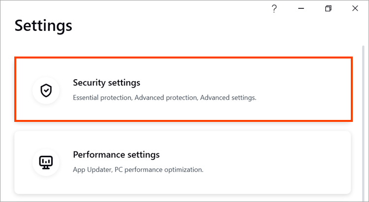 Accessing the “Security settings” block in Kaspersky for Windows