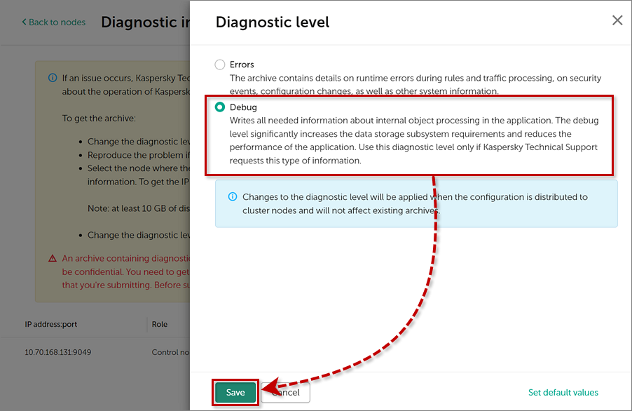 Changing the diagnostic level in Kaspersky Security for Linux Mail Server