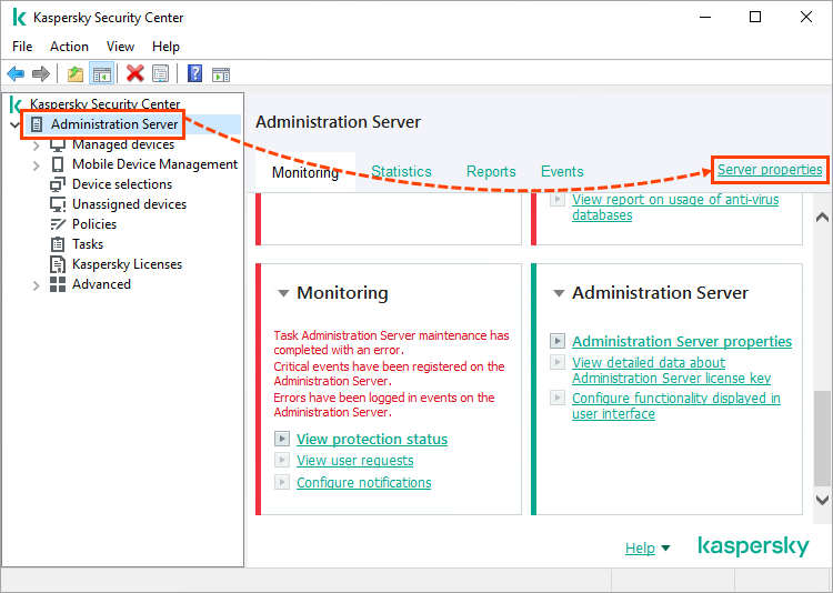 Opening the properties of the Administration server.