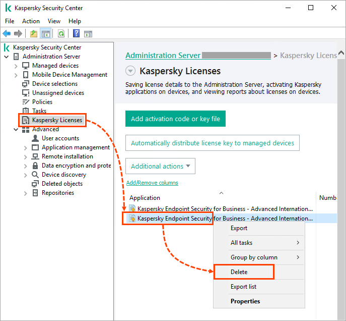 Removing the license of a managed application from the Administration Server storage.