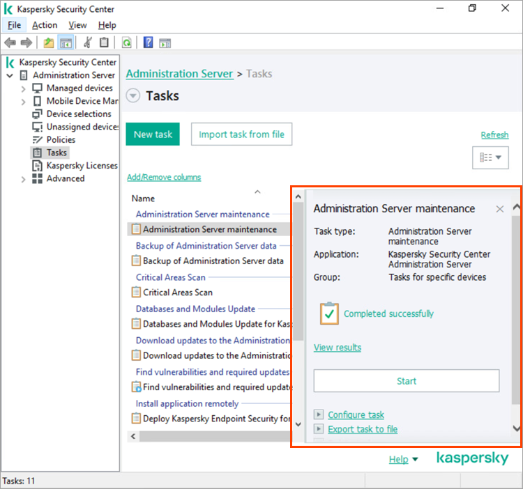 Kaspersky Security Center Administration Console with the expanded task status display area.