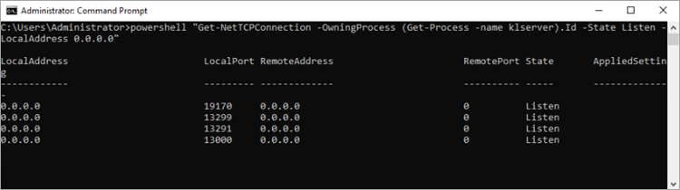 The standard port for connecting MMC is missing in the command execution results.