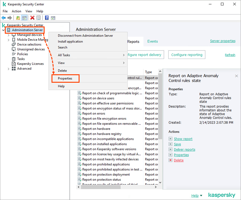 Opening the Administration Server properties in Kaspersky Security Center.