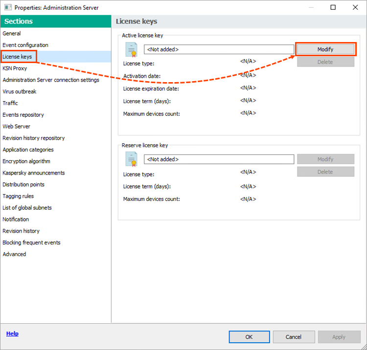 Changing the active license key in Kaspersky Security Center.