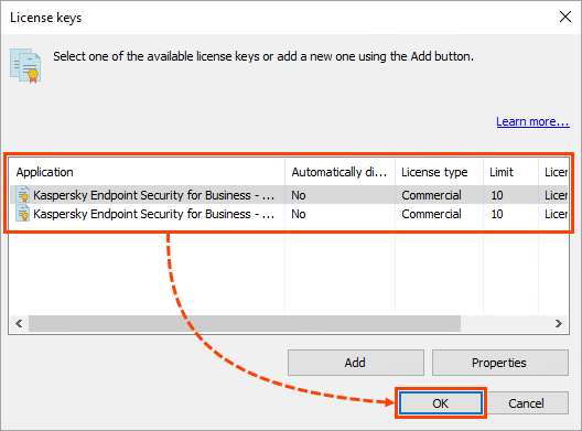 Selecting the required license key from the license list previously uploaded to the repository.