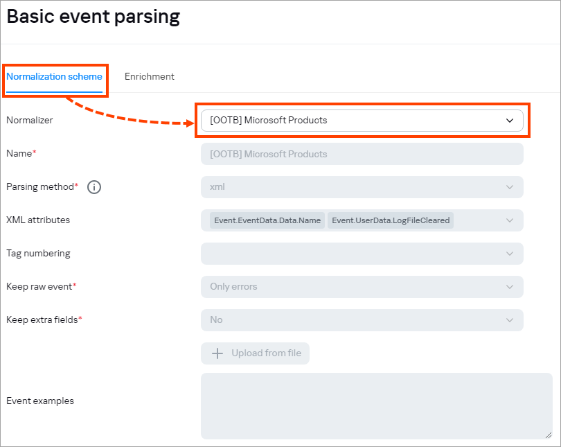 Selecting a normalizer in the Basic event parsing section.