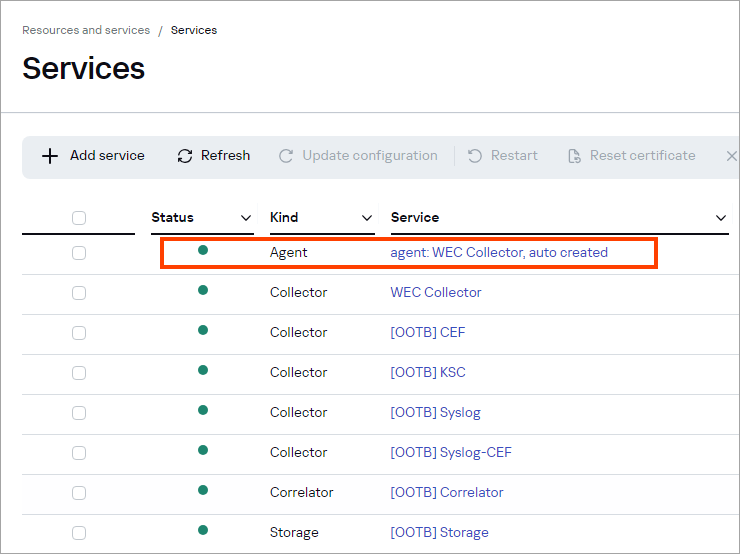 Checking the status of the KUMA agent in active services.