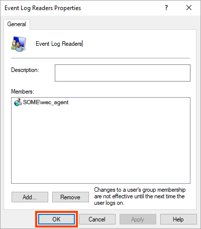 Confirmation of adding the wec_agent account to the Event Log Readers group.