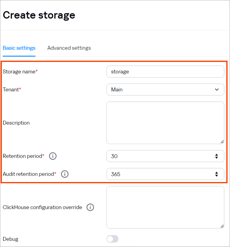 Settings description for the storage.