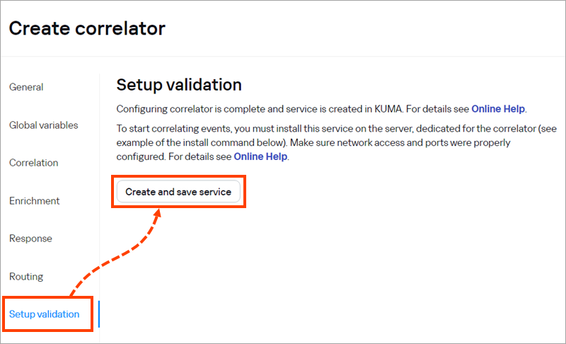 Saving the service in the Setup validation section.