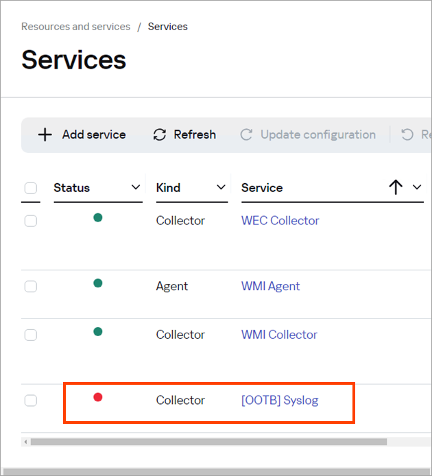 The [OOTB] Syslog collector with a red status in the services list.