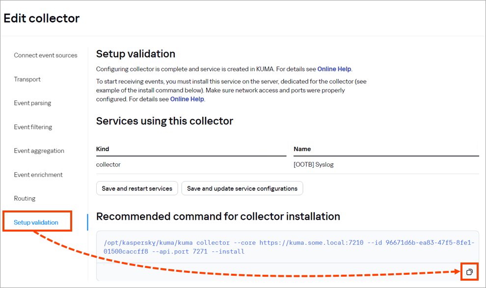 Copying the command to install a collector in the Setup validation section.