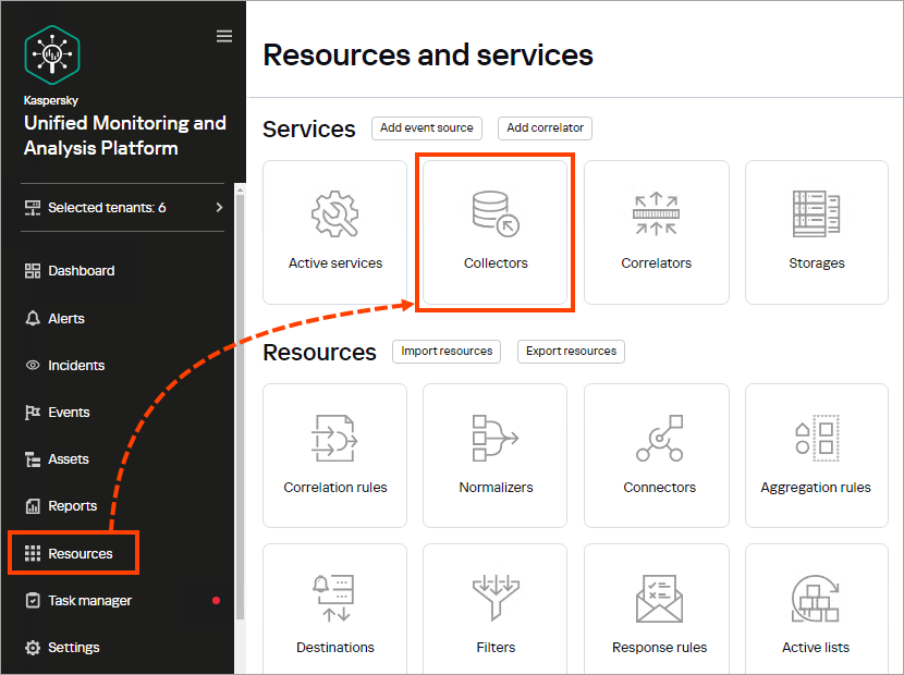 Proceeding to the Collectors section in Kaspersky Unified Monitoring and Analysis Platform.