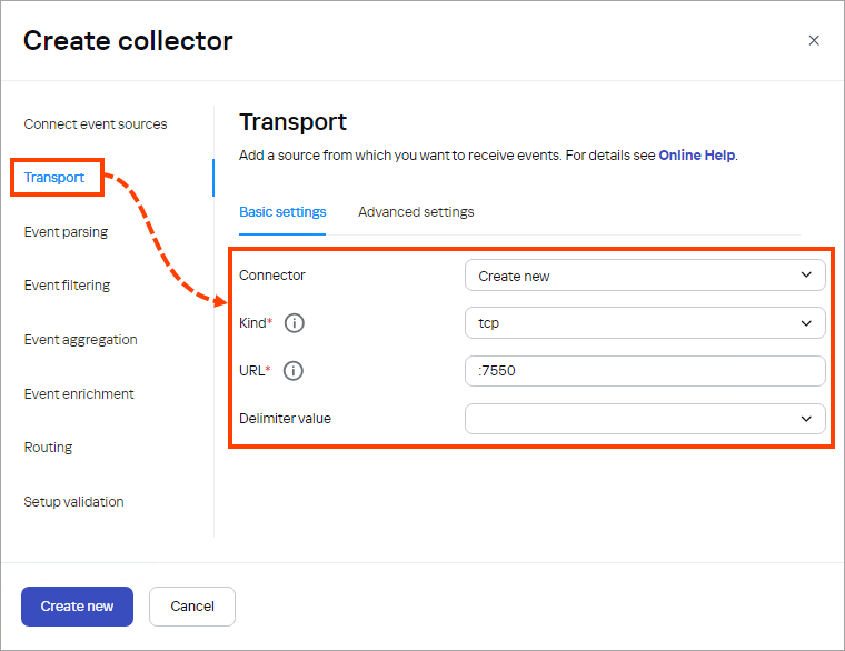 Proceeding to the Transport section when creating a collector.