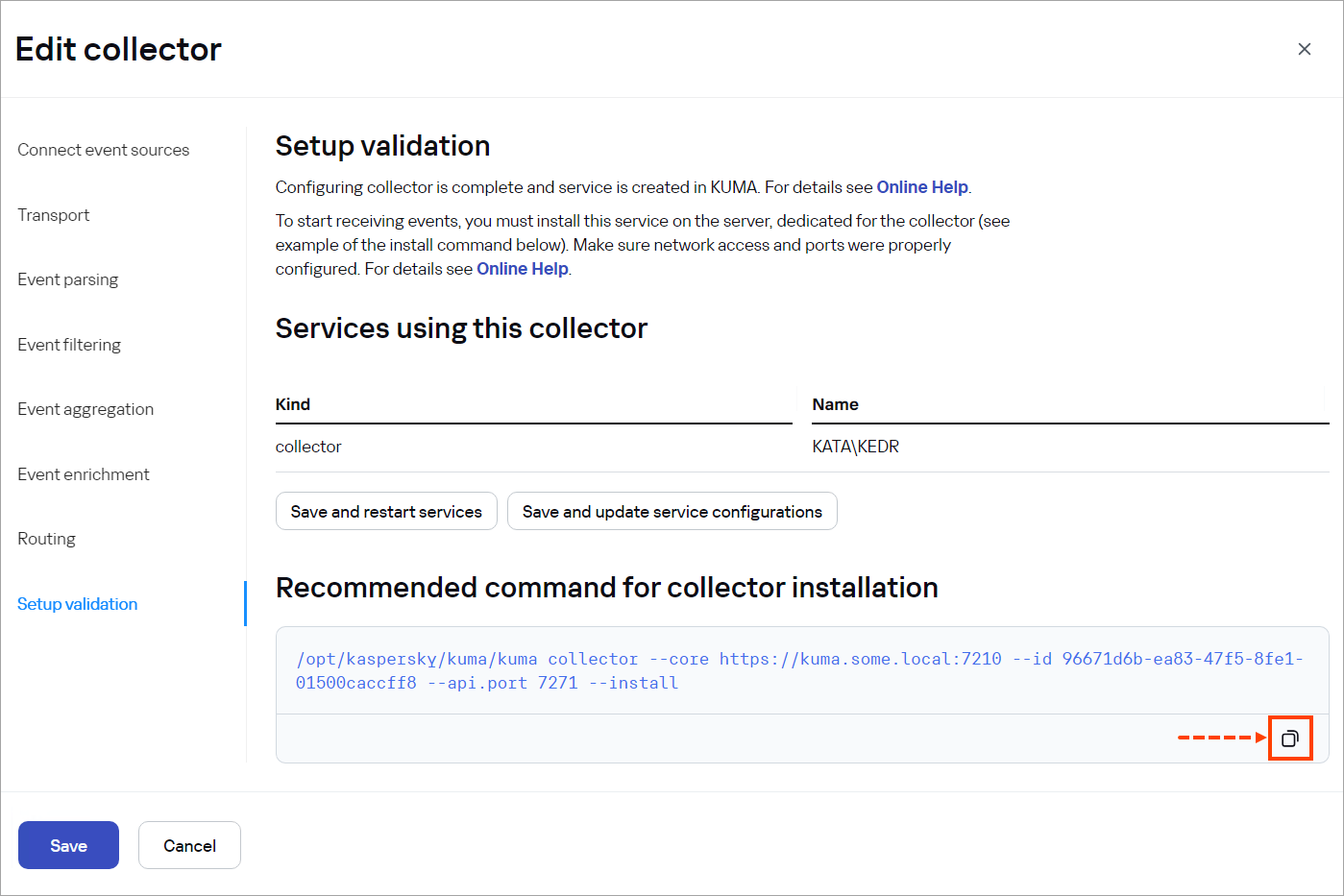 Copying the command for collector installation.