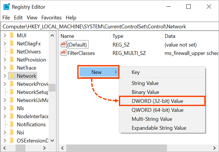 Creating a DWORD value.