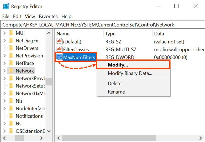 The context menu of the MaxNumFilters parameter.