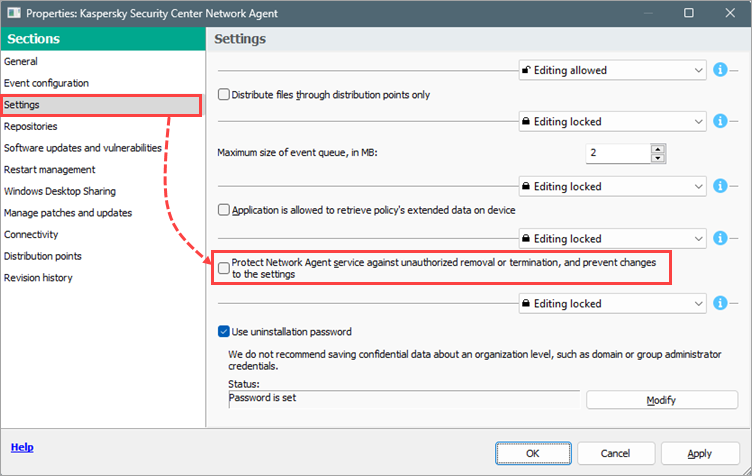 Disabling the Network Agent protection in Kaspersky Security Center.
