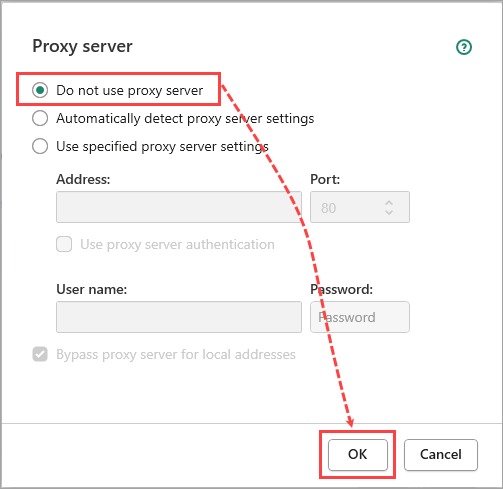 The proxy server settings window in a Kaspersky application