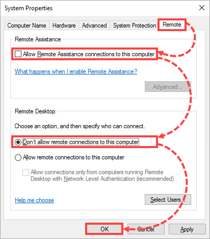 Denying remote connection to the computer in Windows 10