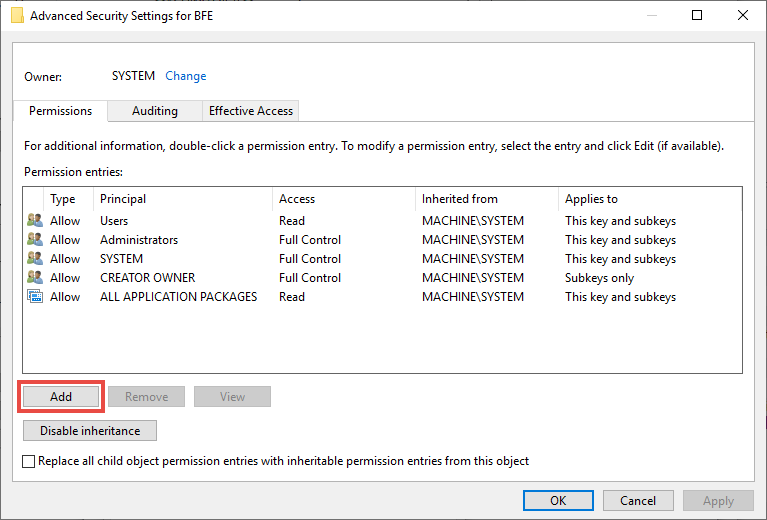 Advanced security settings for BFE window with the Add button highlighted