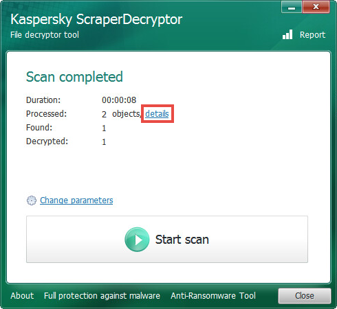 Opening scan details in ScraperDecryptor.