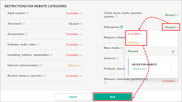 Configuring access to online games through My Kaspersky.