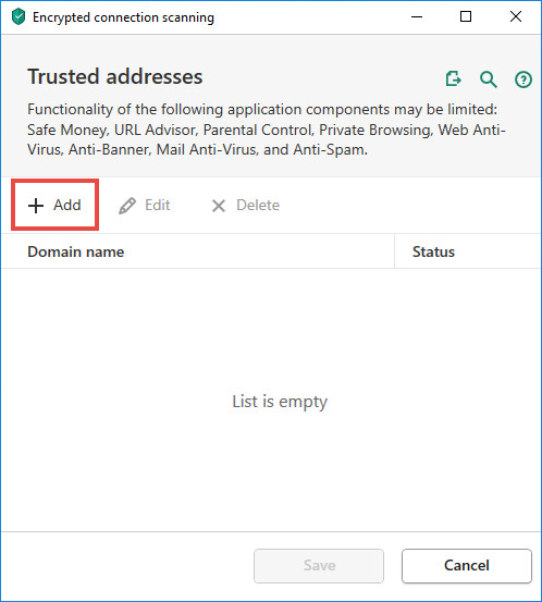Adding trusted addresses/exclusions in a Kaspersky application.